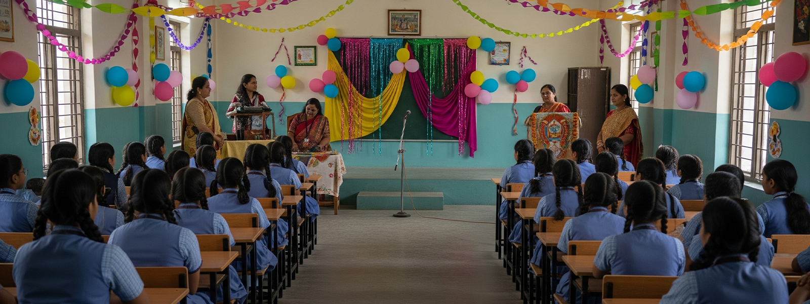 Modern school classroom with students